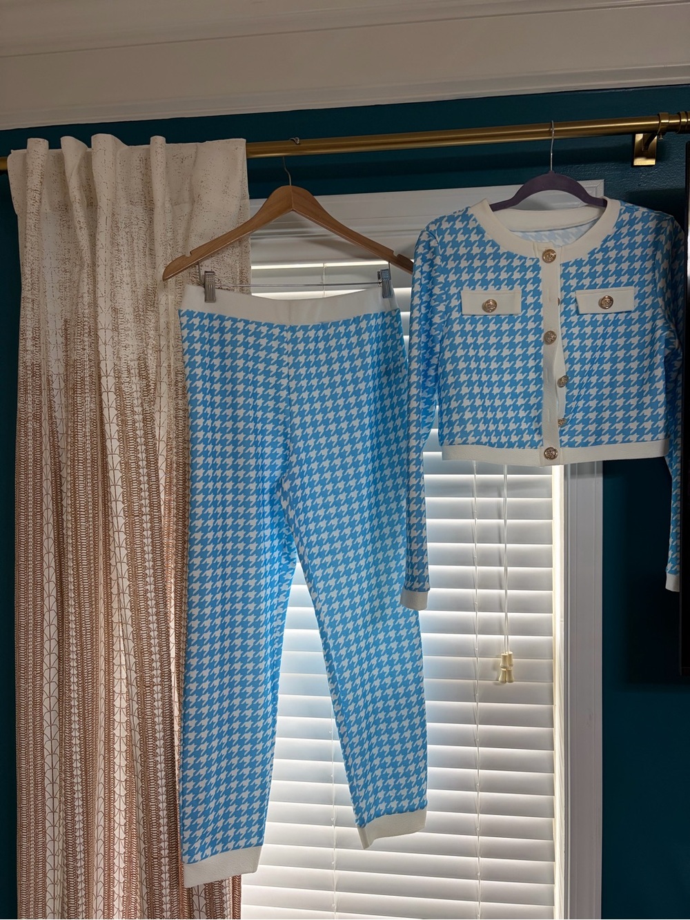 Women's Blue Houndstooth Knit Pants & Jacket Set